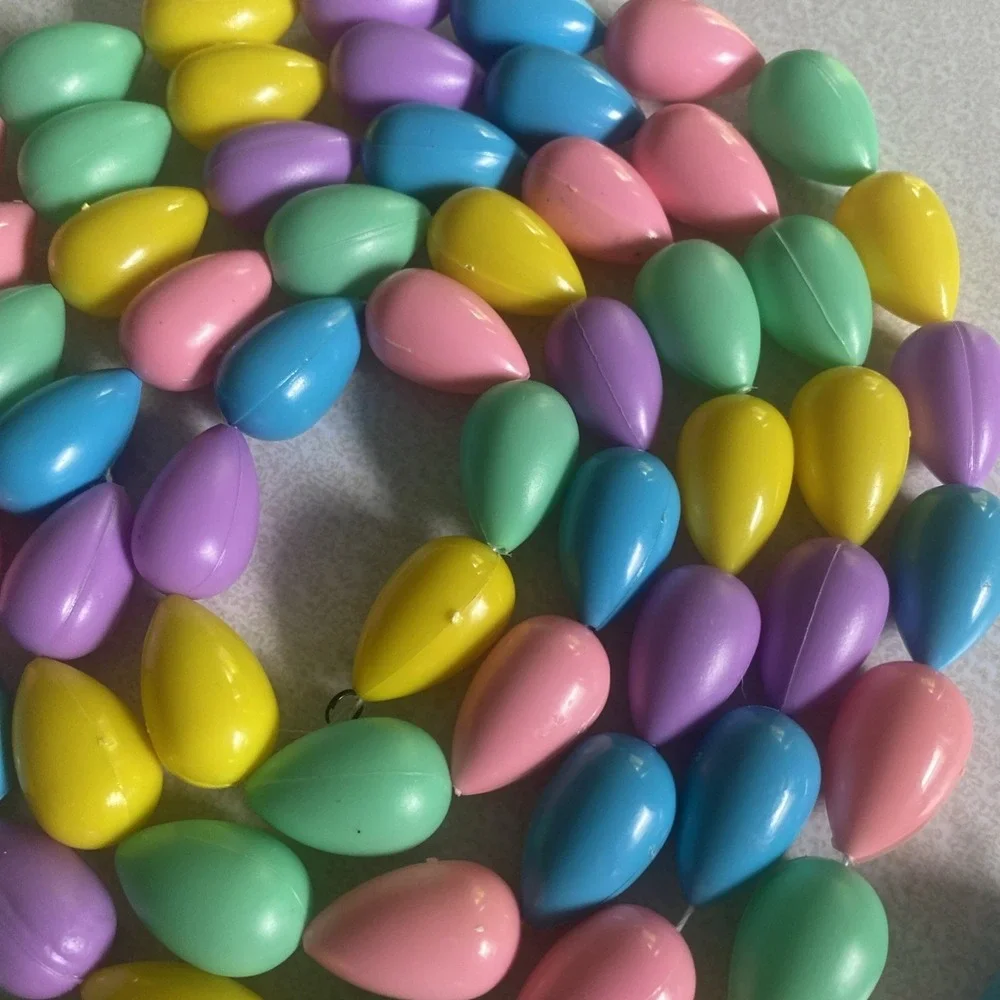 2 EASTER EGG GARLANDs True Vintage Blow Mold Plastic 7+ft Strands Bright Pastel
